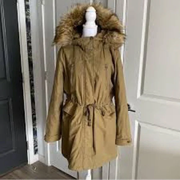 Women's Tan Parka Coat with Faux Fur Hood - Picture 1 of 2